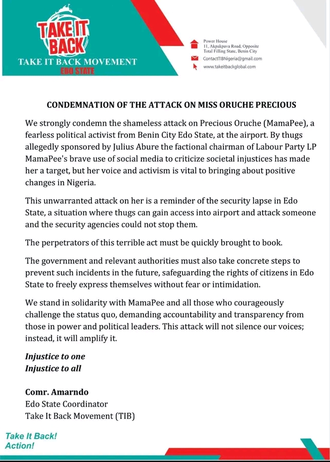 Take It Back Movement Condemns Attack on Activist Precious Oruche