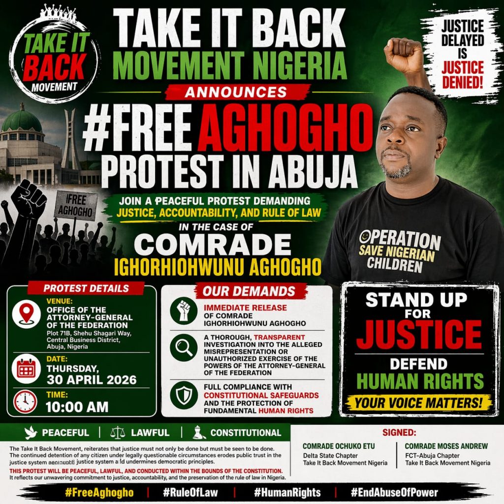 Delta, Abuja Chapters of Take It Back Movement Announce #FreeAghogho Protest at AGF’s Office